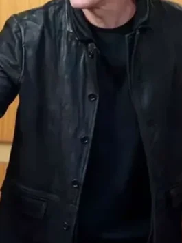S02 Steve Howey Black Leather Jacket close-up showing black leather texture, stitching, and jacket details