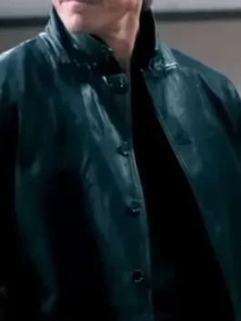 S02 Steve Howey Black Leather Jacket closure view showing front fastening, stitching, and leather texture