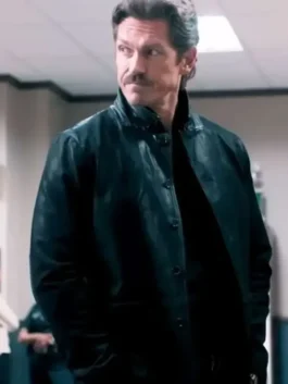 S02 Steve Howey Black Leather Jacket side view showing sleeve shape, leather finish, and jacket profile