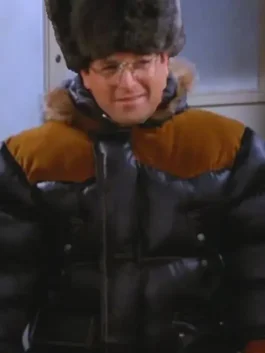 George Costanza wearing Seinfeld Black Puffer Jacket with black and brown winter styling