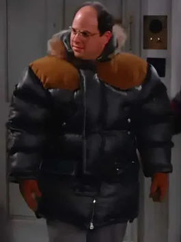 George Costanza wearing Seinfeld Black Puffer Jacket with fur hood and black winter design