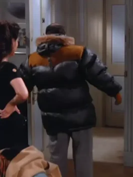Back view of George Costanza Seinfeld Black Puffer Jacket with hooded fur collar and black parachute fabric