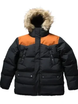 Close look at George Costanza Seinfeld Black Puffer Jacket with fur hood and padded parachute fabric