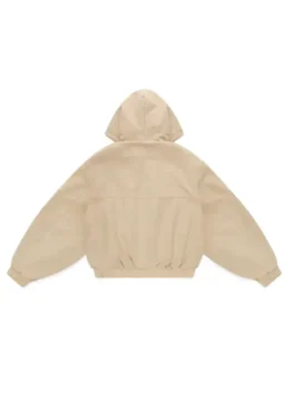 Back view of beige Shinzo Shige 15oz Canvas Clasp Bomber Jacket with oversized hooded streetwear silhouette