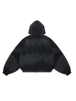 Back view of Shinzo Shige 15oz Canvas Clasp Bomber Jacket in black with oversized hooded silhouette