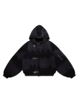 Front view of black Shinzo Shige 15oz Canvas Clasp Bomber Jacket with metal clasp closure and hooded fit