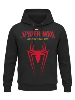 Spider Man Brand New Day Black Hoodie front view with black fabric and bold chest design
