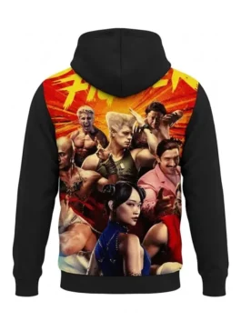 Street Fighter Movie Black Hoodie back view with plain black hooded finish