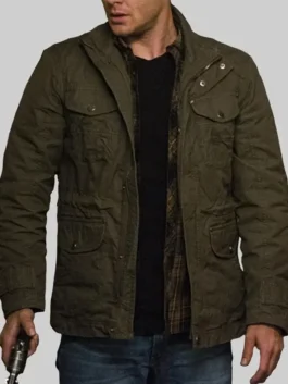 Front view of Supernatural S13 Dean Winchester Green Jacket in khaki cotton with stand-up collar and zipper closure
