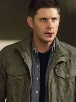 Dean Winchester wearing green cotton jacket in Supernatural Season 13 scene with utility pocket details
