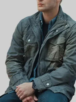 Dean Winchester wearing green cotton jacket in Supernatural Season 13 scene with utility pocket details