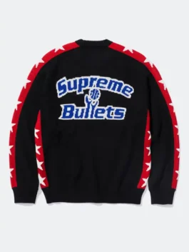 Supreme x Mitchell And Ness Team Sweater back view showing rear graphics, sleeve shape, and relaxed fit