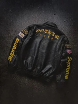 Supreme x The Batman Leather Jacket back view with black leather finish and bold rear artwork