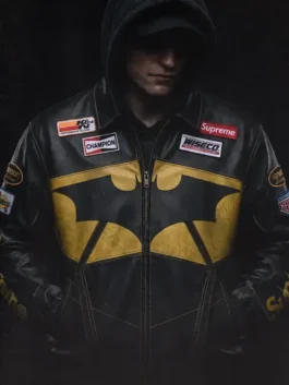 Supreme x The Batman Leather Jacket design view with black leather texture and detailed graphic layout