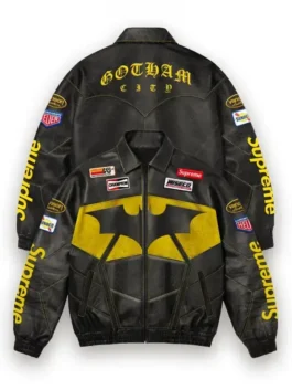 Supreme x The Batman Leather Jacket front and back view with black leather body and bold artwork