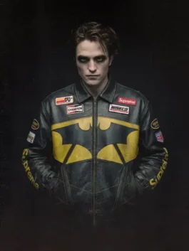 Supreme x The Batman Leather Jacket front view with black leather finish and clean zipper style