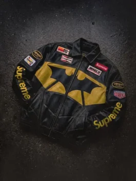 Supreme x The Batman Leather Jacket full view look with black leather body and bold graphic style