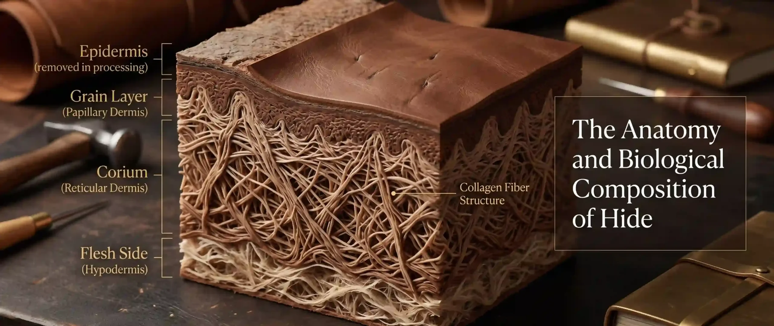 3D Cross Section Diagram of Animal Hide Showing Epidermis Grain Layer Corium and Flesh Side Biological Layers - American Suiting