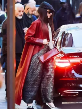 The Devil Wears Prada 2 Red Leather Coat view look showing long red coat shape, sleeves, and clean fit