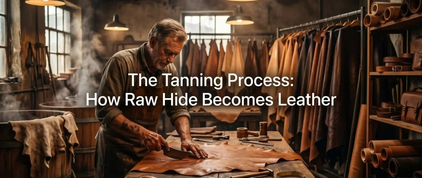 Leather Artisan Working on Raw Hide in Traditional Tannery Workshop with Steaming Tanning Vats