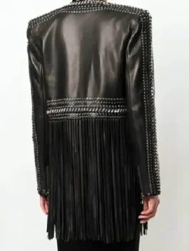 The Voice Reba McEntire Black Fringed Leather Jacket Back View
