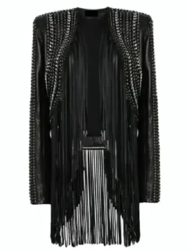 The Voice Reba McEntire Black Fringed Leather Jacket Design View