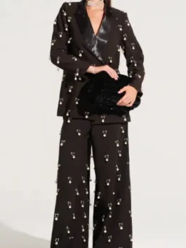 The Voice S27 Pearl Embellished Blazer view showing pearl details, structured fit, and polished blazer style