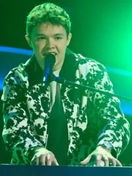 The Voice S28 Max Cooper III Cow Print Jacket front view showing cow print pattern, collar, and closure