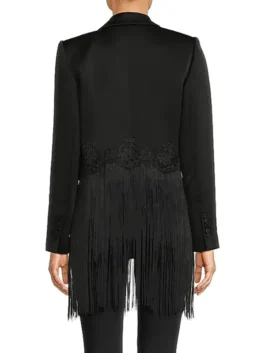 The Voice S28 Reba Mcentire Fringe Blazer back view showing rear fringe details and structured silhouette