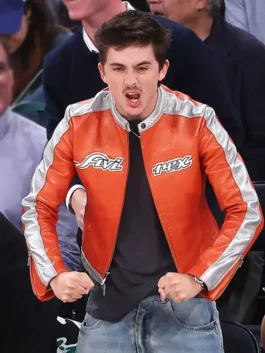 Timothée Chalamet Avirex Orange Leather Jacket front view.