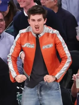 Timothée Chalamet Knicks 2026 Playoffs Avirex Leather Jacket closure look showing fastening and leather details