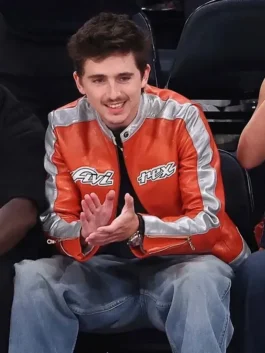 Timothée Chalamet Knicks 2026 Playoffs Avirex Leather Jacket front view showing collar, closure, and leather design