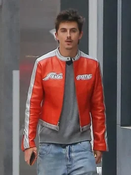 Timothée Chalamet Knicks 2026 Playoffs Avirex Leather Jacket full view showing complete jacket design and fit