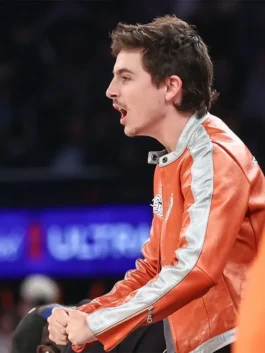 Timothée Chalamet Knicks 2026 Playoffs Avirex Leather Jacket side look showing sporty leather jacket fit
