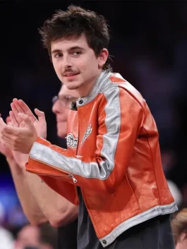 Timothée Chalamet Knicks 2026 Playoffs Avirex Leather Jacket side view showing sleeve shape and leather finish