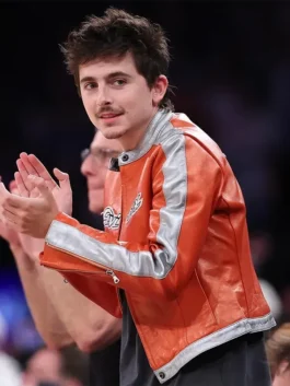 Timothée Chalamet orange leather jacket inspired by Avirex style.