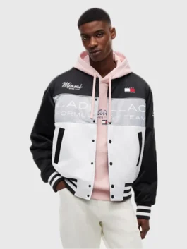 Tommy Hilfiger Cadillac F1 Team Miami Varsity Jacket front view with bold racing details