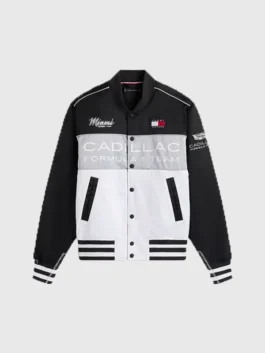 Tommy Hilfiger Cadillac F1 Team Miami Varsity Jacket full view look with racing team design