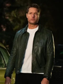 Tracker S03 Justin Hartley Green Leather Jacket full outfit look in green