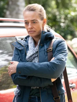 Tracker S03 Jeri Ryan Blue Hooded Jacket front view with hooded design