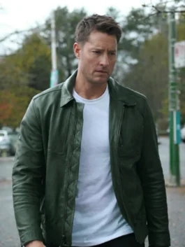 Tracker S03 Justin Hartley Green Leather Jacket front view with zipper closure