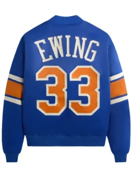 New York Knicks Patrick Ewing Blue Varsity Jacket back view