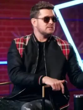 Voice S27 Michael Buble Varsity Jacket front view featuring varsity collar, front closure, and pocket details