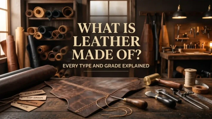 Leather Crafting Workshop Table with Raw Hides and Sample Material Tags for Full Grain Top Grain Nubuck and Suede - American Suiting