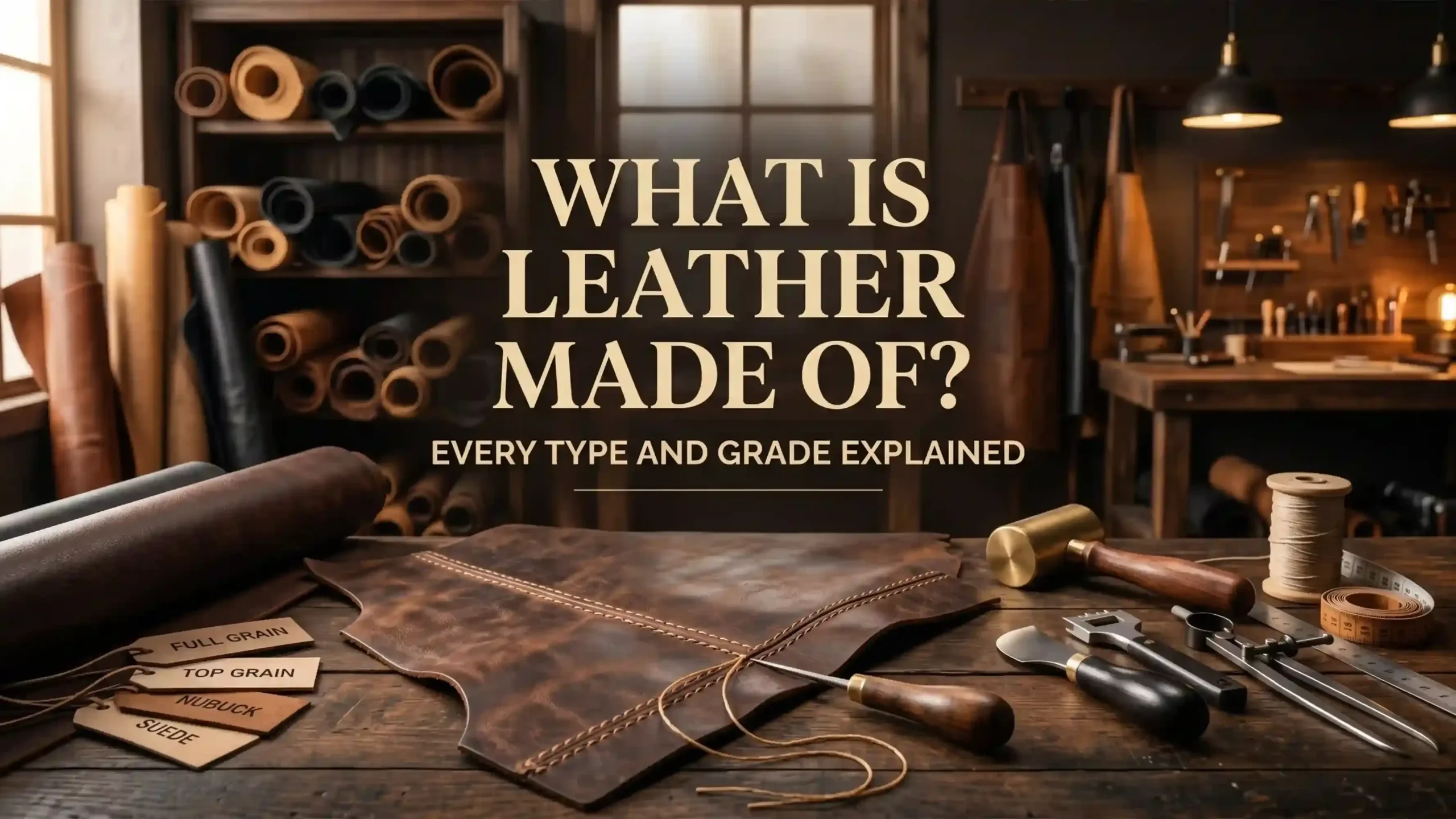 Leather Crafting Workshop Table with Raw Hides and Sample Material Tags for Full Grain Top Grain Nubuck and Suede - American Suiting