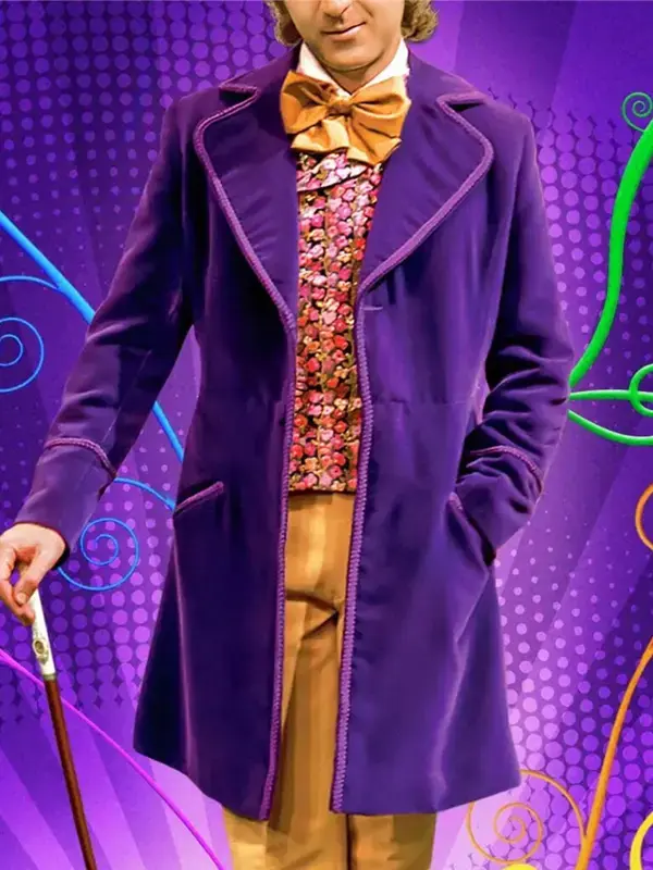 Willy Wonka Purple Velvet Coat scene view with velvet construction and vintage-inspired purple design