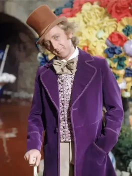 Front view of Willy Wonka Purple Velvet Coat with lapel collar and velvet fabric styling