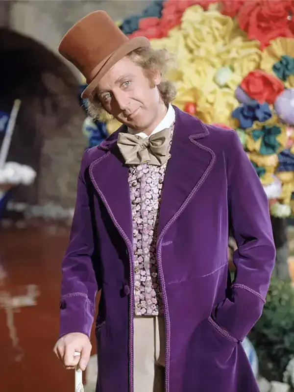 Front view of Willy Wonka Purple Velvet Coat with lapel collar and velvet fabric styling