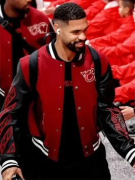 Classic maroon and black AC Milan x Off-White Ruben Loftus-Cheek Varsity Jacket inspired by the AC Milan football culture