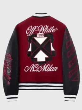 Back view of the maroon and black AC Milan x Off-White Ruben Loftus-Cheek Varsity Jacket showing full varsity design